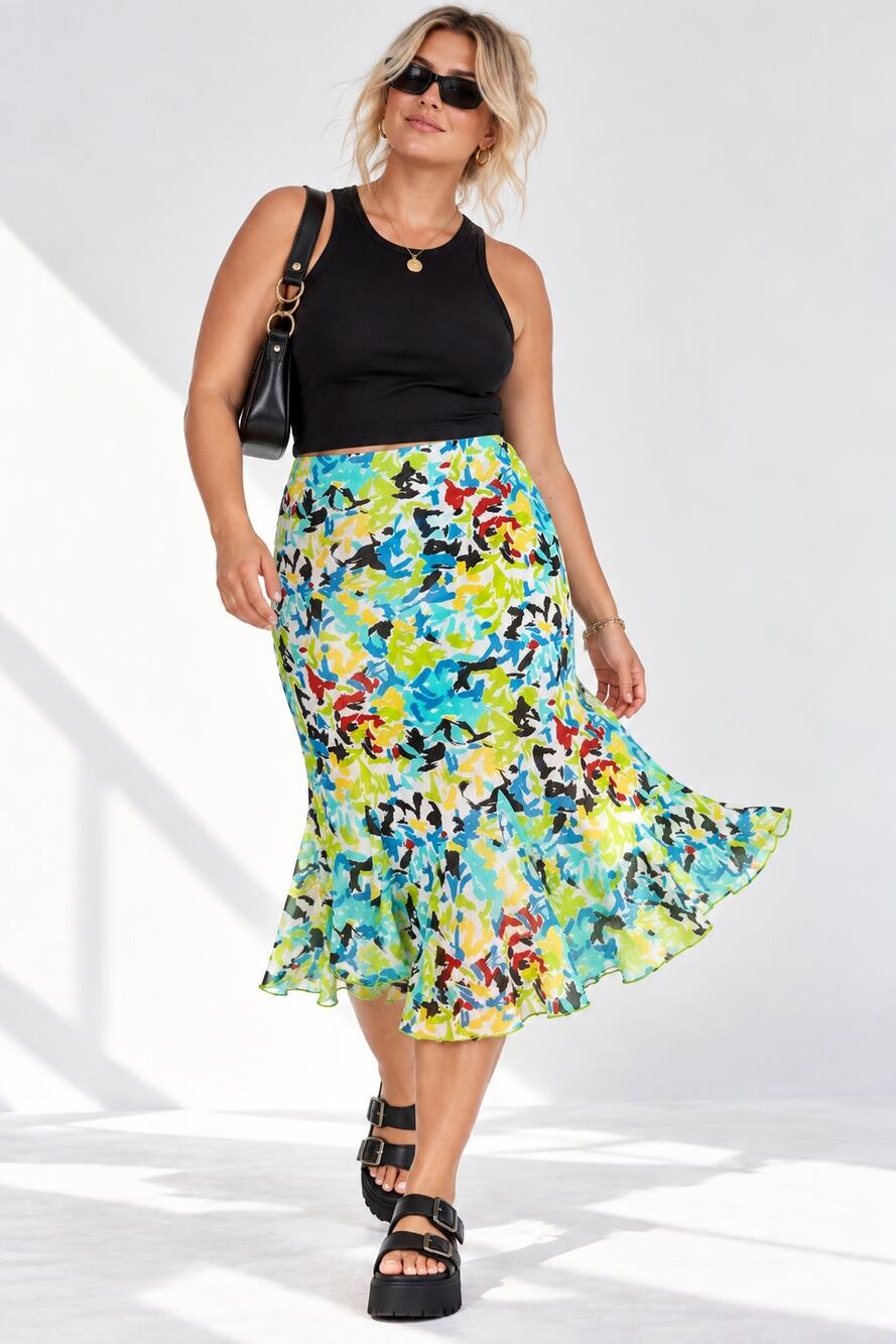 Cato NWT Abstract Print Mermaid Ruffle Midi Skirt Size Large